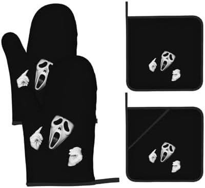 Scream Ghost Face Black Halloween Oven Mitts and Pot Holders 4-Piece Set