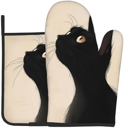 Halloween Black Cat Oven Mitts and Pot Holders Set