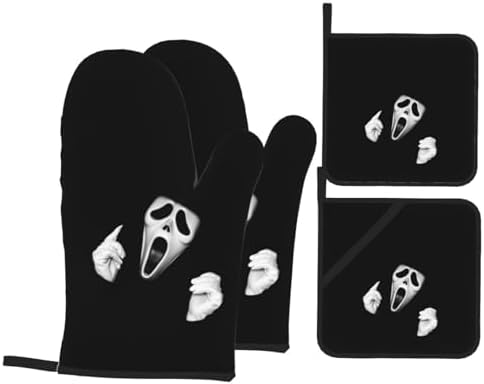 Scream Ghost Face Black Halloween Oven Mitts and Pot Holders 4-Piece Set