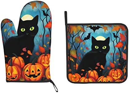 Dewoofly Black Cat Halloween Oven Mitts and Pot Holders Set