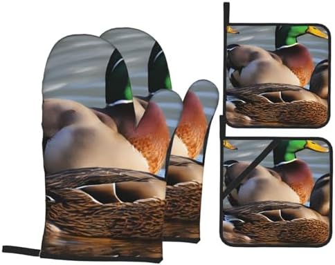 Mallard Duck Printed Oven Mitts and Pot Holders 4-Piece Set