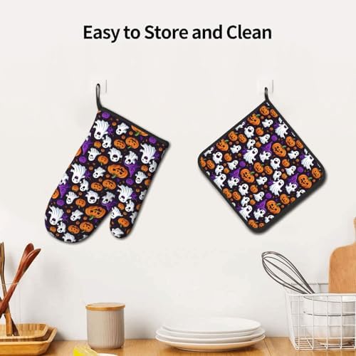 Halloween Ghost Pumpkin Oven Mitts Pot Holders - Heat-Resistant Gloves for Cooking