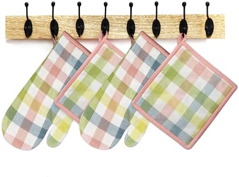 COTTON CRAFT Quilted Oven Mitt Potholder Set Gingham Buffalo Check Heat Resistant