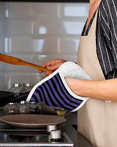 Halloween Striped Purple Potholders Set Oven Mitts for Kitchen Heat-Resistant Black