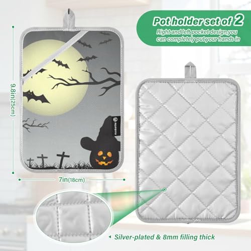 OURVII 2Pcs Halloween Full Moon Pot Holders Non-Slip with Pockets