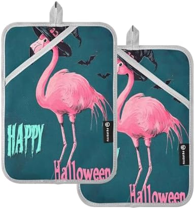 Halloween Flamingo Green Pot Holders