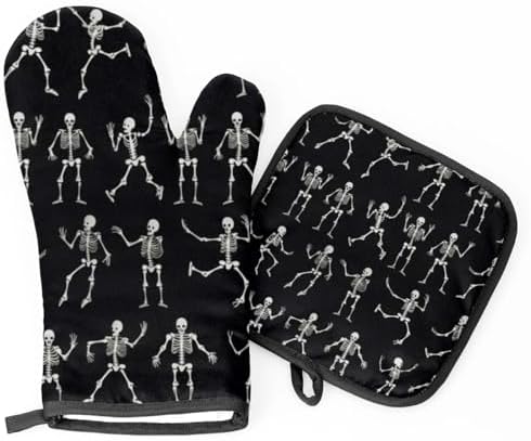 Perfect for Halloween - Cute Skull Oven Mitts Pot Holder Set of 2