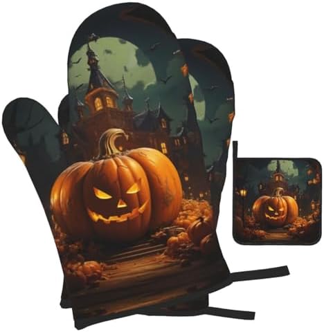 XTUAG pumpkin Halloween oven mitts and pot holders 3 piece set
