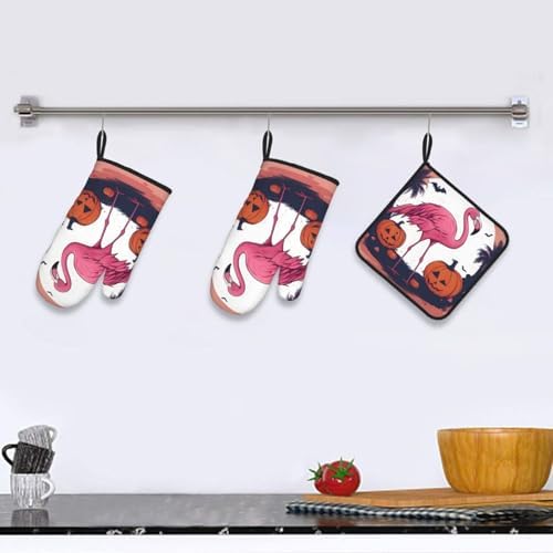 Halloween Flamingo Oven Mitts Pot Holders Set - Durable Waterproof