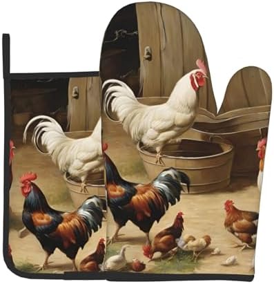 Roast Chicken Hen Farm Oven Mitts and Pot Holders 2pcs Set