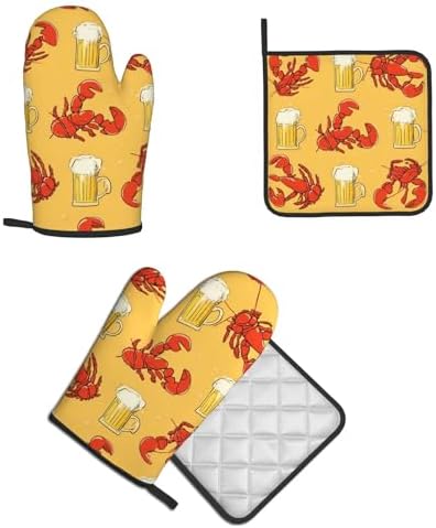 Quopvn Beer and Crawfish Pattern Oven Mitts 2pcs Set
