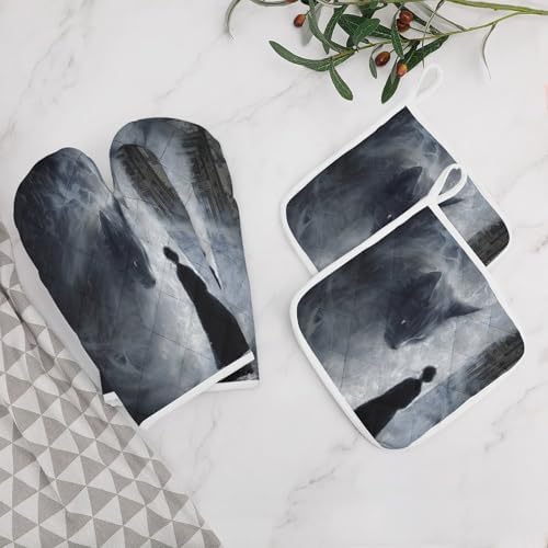 Oven Mitts and Pot Holders Set Halloween Cat 4pcs