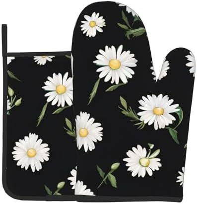 Durable Daisy Printed Oven Mitts Pot Holders Set Heat-Resistant Kitchen Gloves