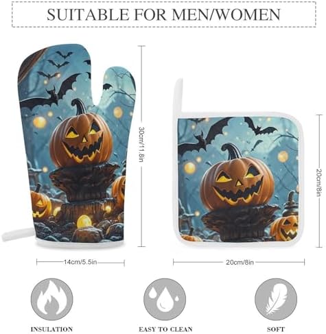 Halloween Oven Mitts Pot Holders - 3-Piece Set withFlying Bats Design