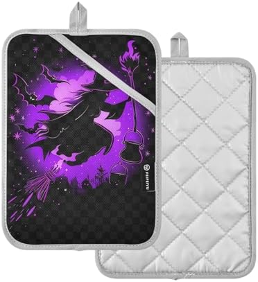 Halloween Purple Witch Bat Potholders 2 Piece Set