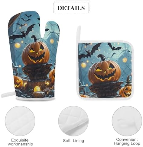 Halloween Oven Mitts Pot Holders - 3-Piece Set withFlying Bats Design