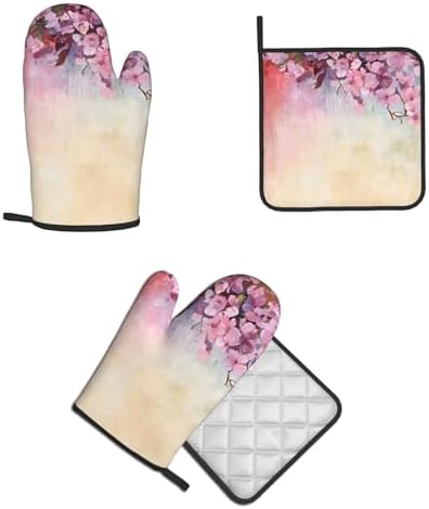 Elegant Oven Mitts Set Cherry-Printed Non-Slip Pots Pans