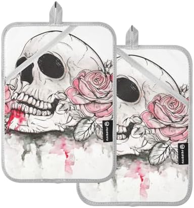 OurVII 2Pcs Halloween Pink Rose Skull Potholders Set