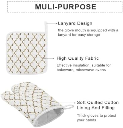Curdesi Oven Mitts Set Heat Resistant 4PCS with Gold and White Quatrefoil Design
