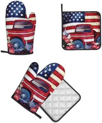 Quopvn 4th of July Patriotic USA Flag Oven Mitts Pot Holders 2pcs Set