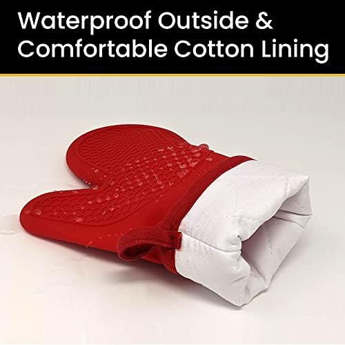 Heat Resistant Silicone Oven Mitts with Cotton Lining - Double Sided Red Pair