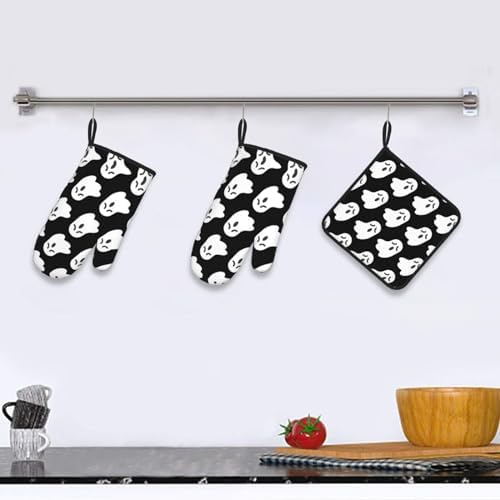 Halloween Ghost Pattern Heat-Resistant Oven Mitt Set for Cooking Baking