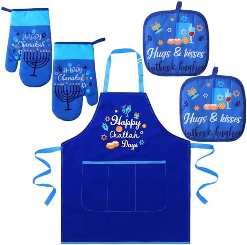 Hanukkah Baking Apron Set with Oven Mitts Potholders