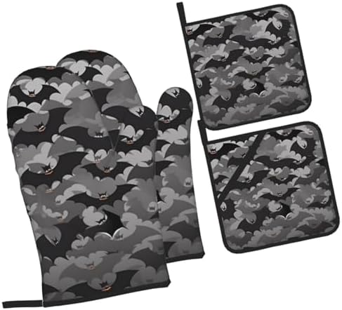Halloween Bats Grey Ovenmitts Pot Holders Set - Heat Resistant Kitchen Gift