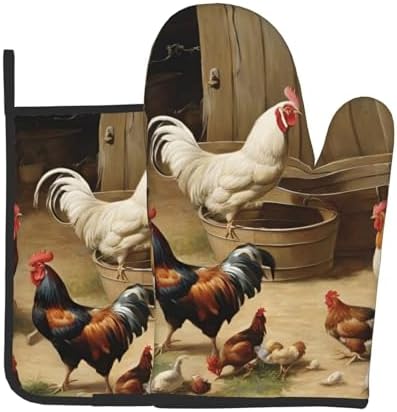 Roast Chicken Hen Farm Oven Mitts and Pot Holders 2pcs Set