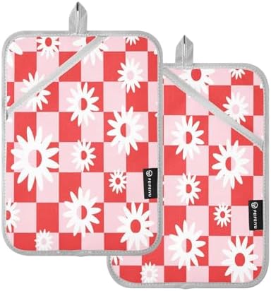 Durable Red and Pink Checked Heat Resistant Potholders