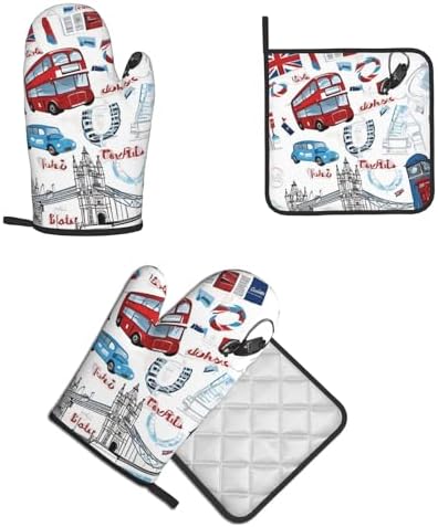 Quopvn London Printed Oven Mitts and Pot Holders 2pcs Set