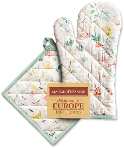 Maison dHermine 100 Cotton Oven Mitt Pot Holder Set - Heat Resistant Soft Durable