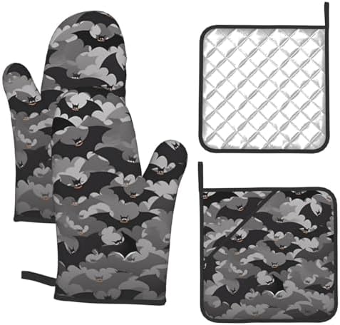 Halloween Bats Grey Ovenmitts Pot Holders Set - Heat Resistant Kitchen Gift