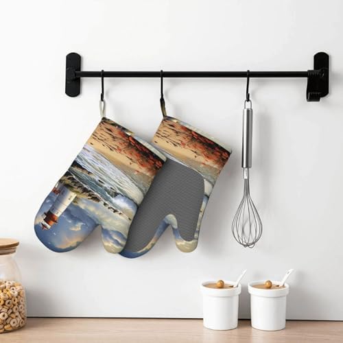 NONHAI Silicone Oven Mitts Set of 2 Sea Lighthouse Sandbeach