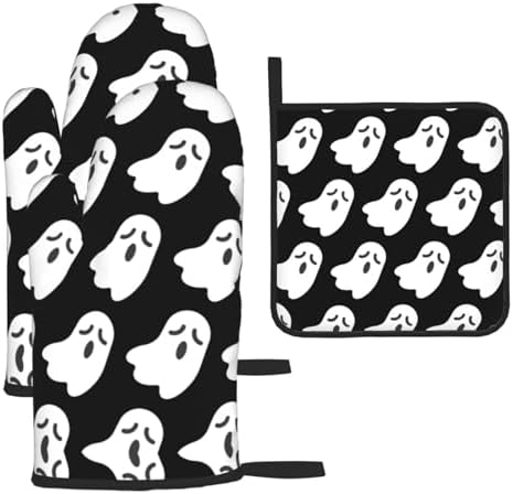 Halloween Ghost Pattern Heat-Resistant Oven Mitt Set for Cooking Baking