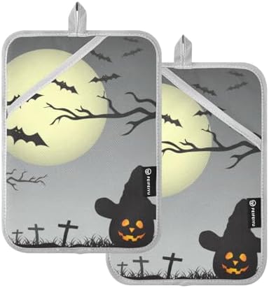 OURVII 2Pcs Halloween Full Moon Pot Holders Non-Slip with Pockets