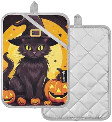 Festive Halloween Black Cat Potholders Set - Heat-Resistant Unique Design