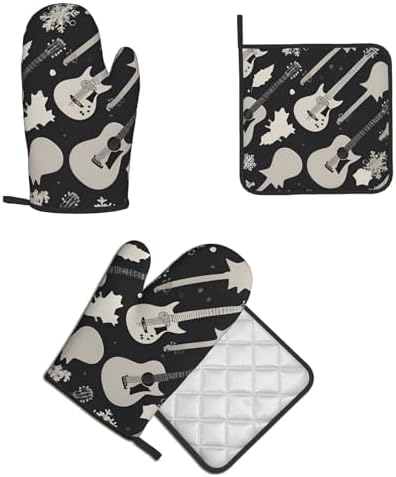 Guitar Pattern Oven Mitts Pot Holders 2-Piece Set