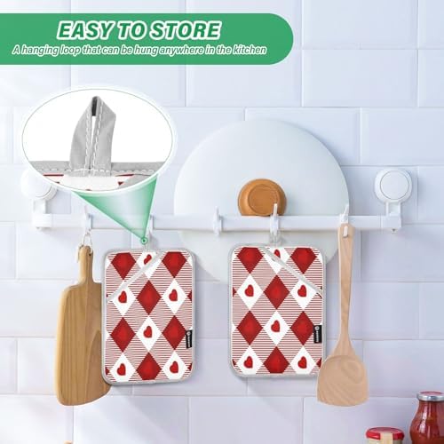 Heat-Resistant Heart Gingham Potholders Set Durable Oven Mitts for Baking
