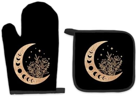 Black Gold Moon Oven Mitts Pot Holders Sets Heat-Resistant Kitchen Accessories