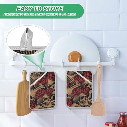 OURVII 2Pcs Skulls Red Roses Pot Holders Set Non-Slip