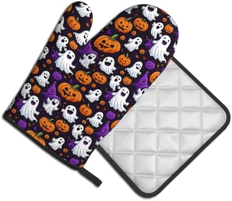 Halloween Ghost Pumpkin Oven Mitts Pot Holders - Heat-Resistant Gloves for Cooking