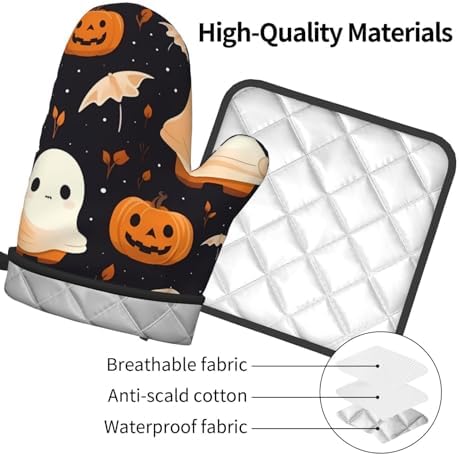 Premium Halloween Oven Mitts and Pot Holders Set for Baking BBQ