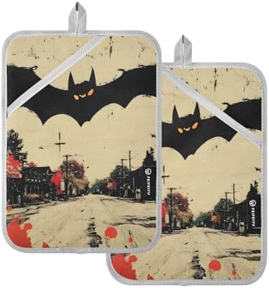 AIXIWAWA Halloween Bat Retro Pot Holders 2-Pack Heat-Resistant Insulated Oven Mitts