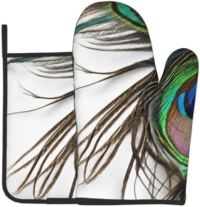 Peacock Feather Printed Oven Mitts and Potholders Set