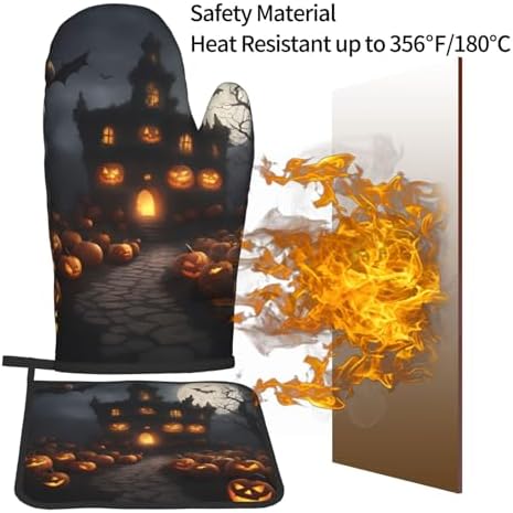 Halloween Pumpkin Print Heat-Resistant Oven Mitts Set Safe for Cooking BBQ