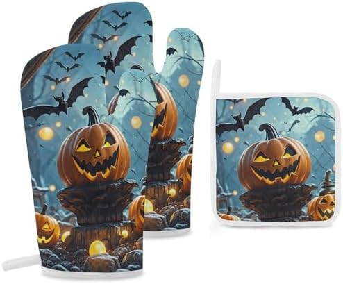 Halloween Oven Mitts Pot Holders - 3-Piece Set withFlying Bats Design