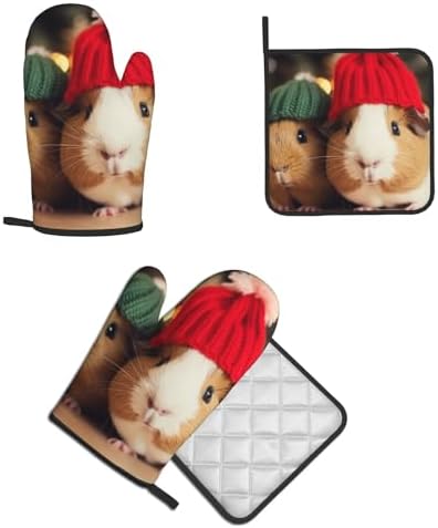 Quopvn Cute Guinea Pigs with Hats Oven Mitts 2-pc Set
