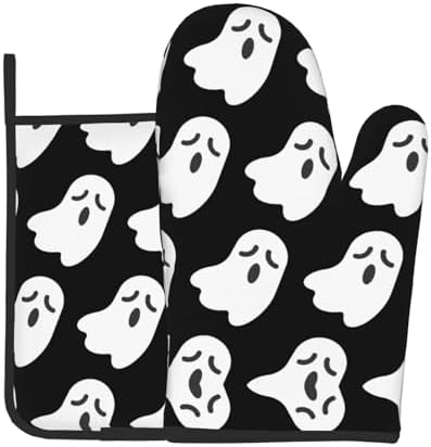 Cute White Ghost Oven Gloves for Cooking and Baking with Halloween Patterns