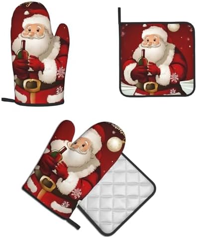 Merry Christmas Santa Claus Printed Oven Mitts and Pot Holders 2pcs Set